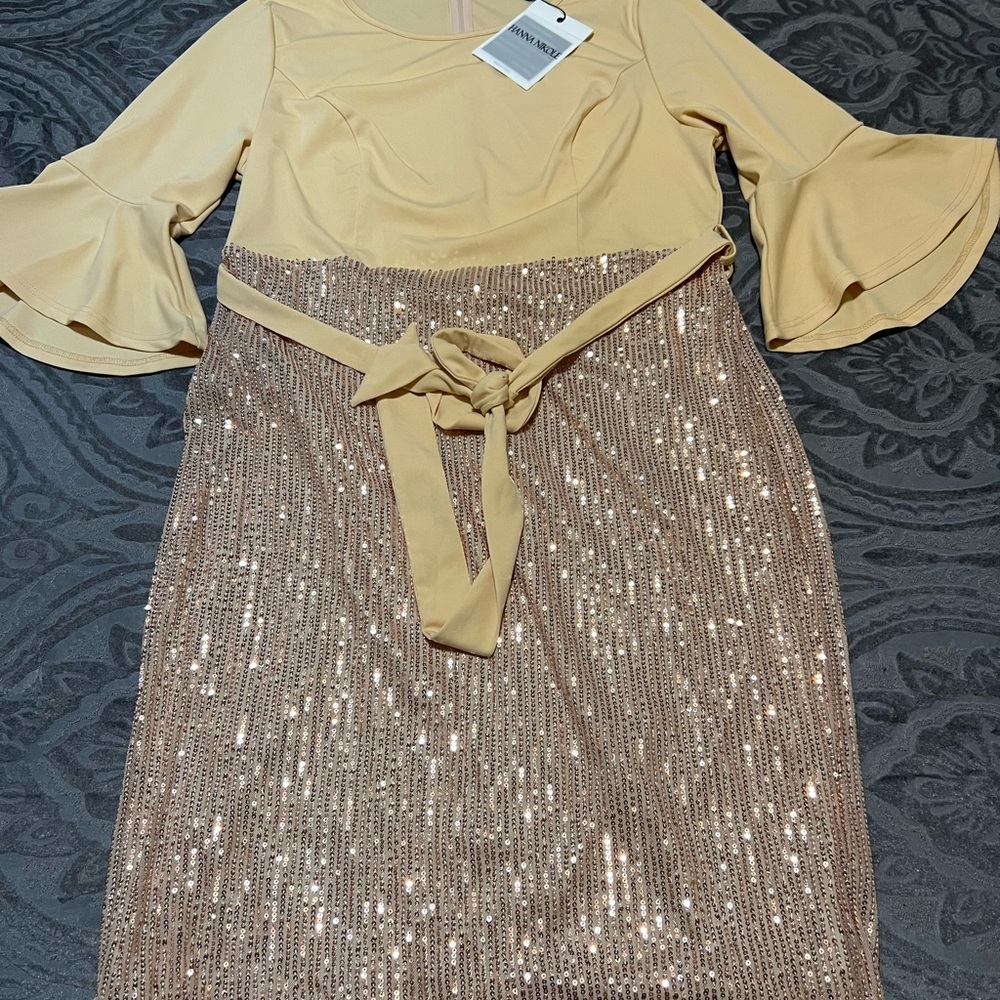 Gold Ruffled Tie Front Sheath Dress with Bell Sleeves